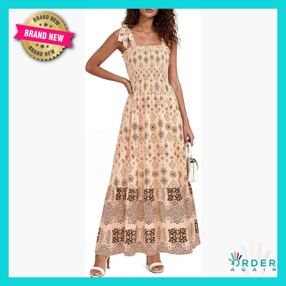 Floral Maxi Dress Tie Straps Smocked High Waist Boho Beach Vacation Sundress